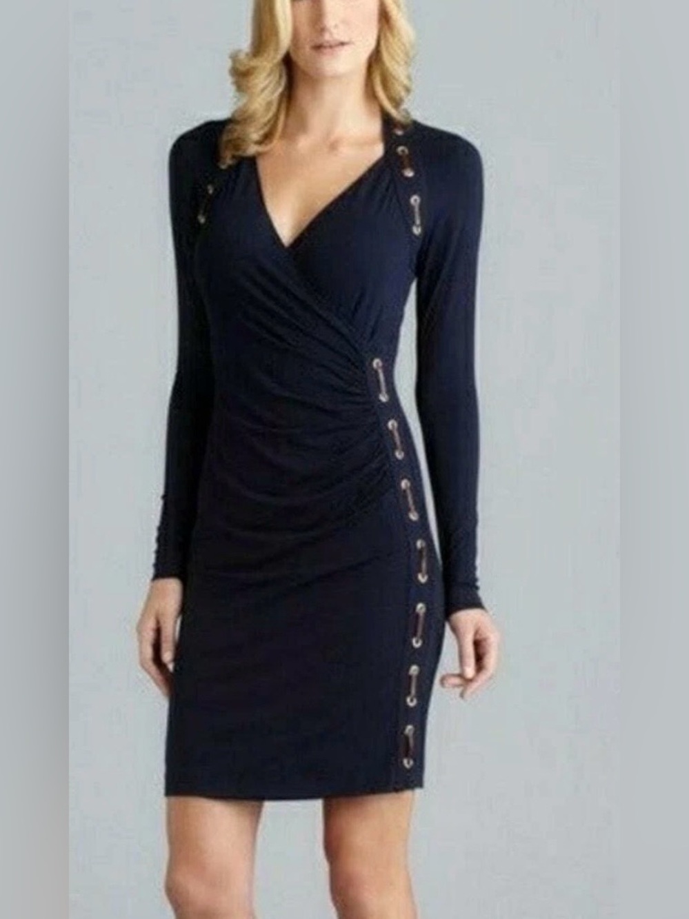 Carmen Marc Valvo Faux Wrap Dress Large Navy Blue Faux Leather Long Sleeve
